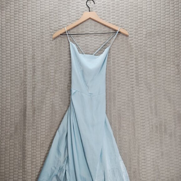 Lucy in the Sky-Blue Satin Maxi Dress with Slit-Open Back-Corset Lace Up-Sz S/M - Picture 8 of 11